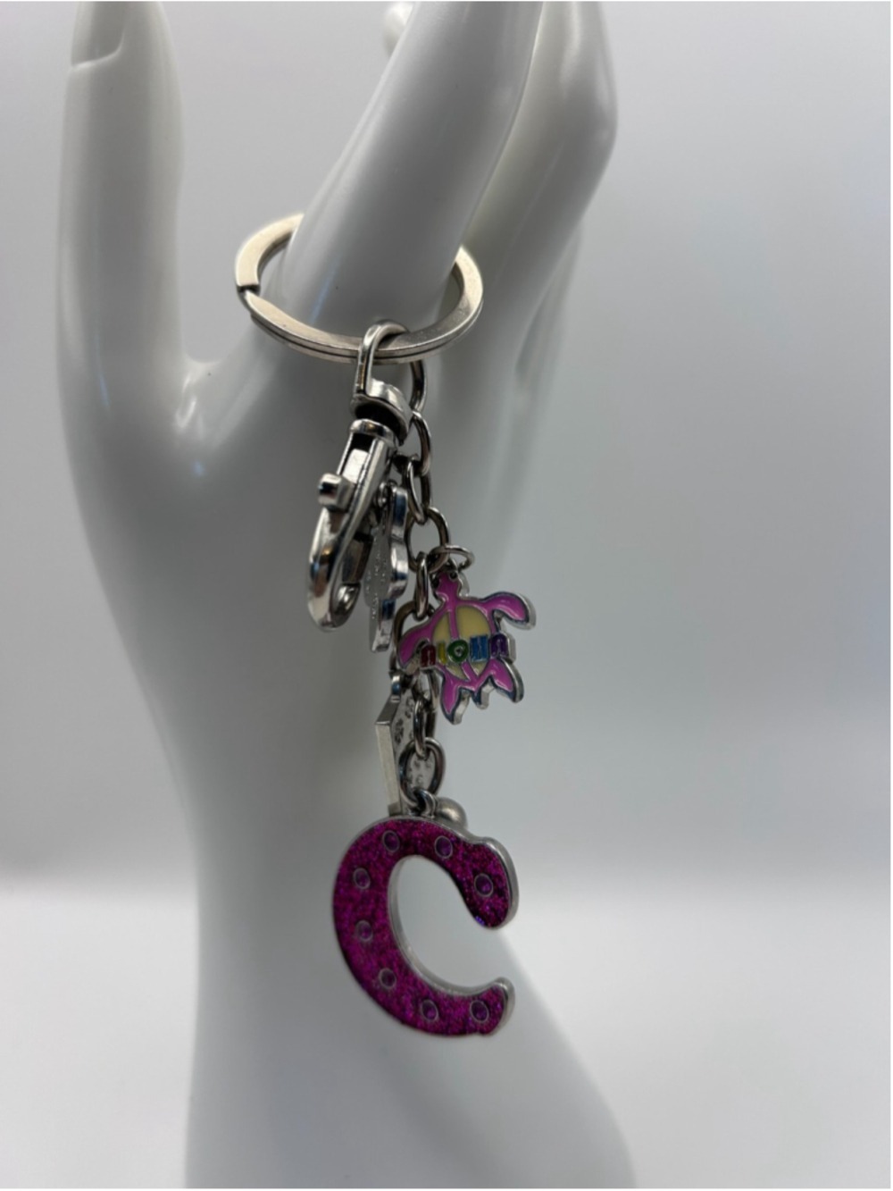 Hawaii Horseshoe Rainbow Plumeria Charm Souvenir Keychain Pink Glitter Metal